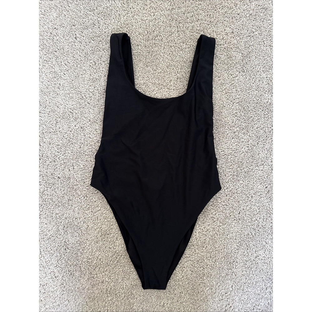 Aerie One Piece Black Swim Suit Size Medium Low Cut Back High Cut Legs Cheeky